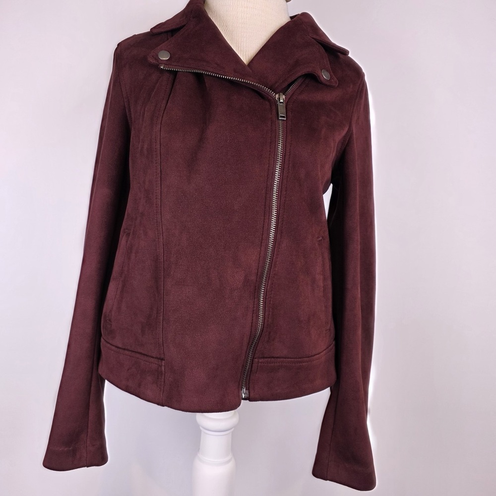 Old Navy Faux Suede Moto Jacket Women's Small Burgundy Asym Zip Biker Style Coat